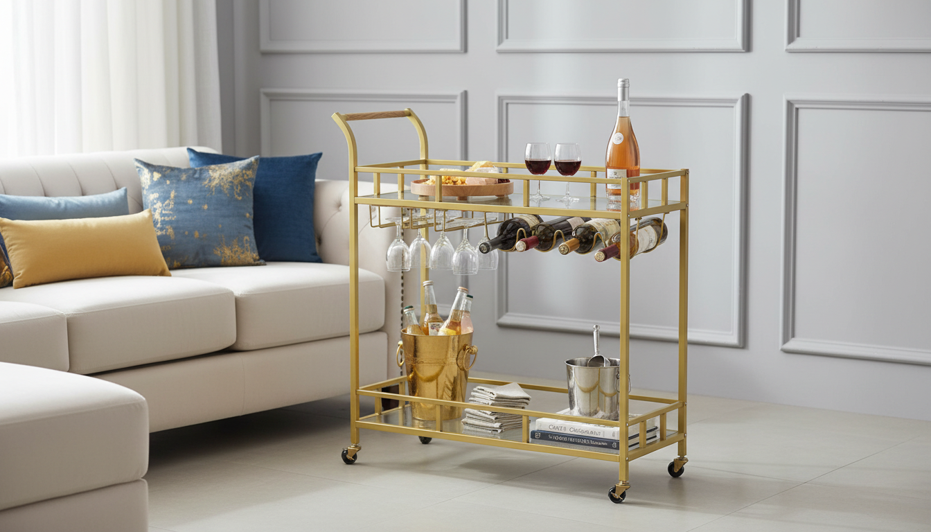 Gold Bar Cart: Lockable Wheels & Tempered Glass Shelves